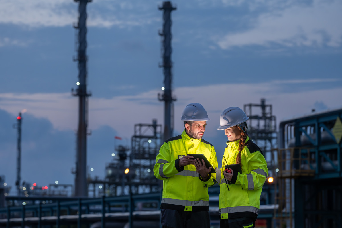 Fachkräfte bei der Arbeit in einer Industrieanlage Zwei Fachkräfte mit Schutzhelmen und Warnschutzkleidung betrachten ein Tablet in einer Industrieanlage.